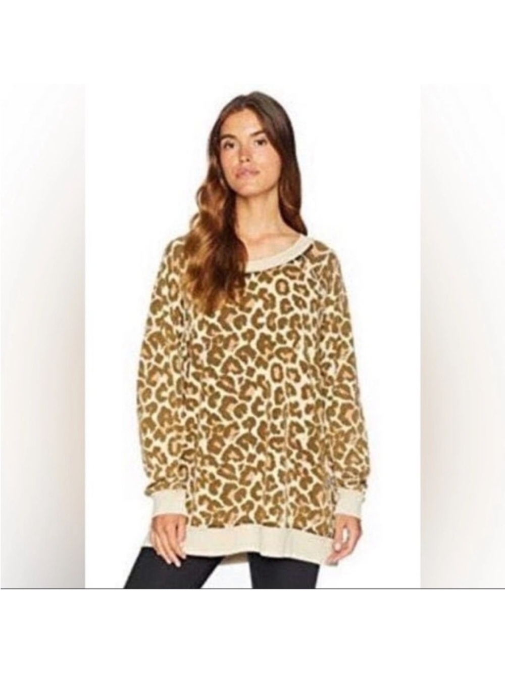 Free People Leopard Scoop Neck Sweater in Tan and Cream